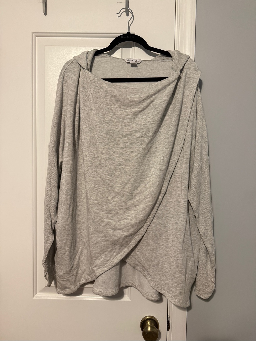 Athleta Purana Wrap Sweatshirt Light Grey Heather Hooded Draped Open Front 1X